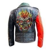 Men Handmade Studded Wear, Burning Skull Punk Fashion, Brando Waist Belted Jacket, Men Outfit Sub Hum Ans Leather, Patches Studded Jacket,